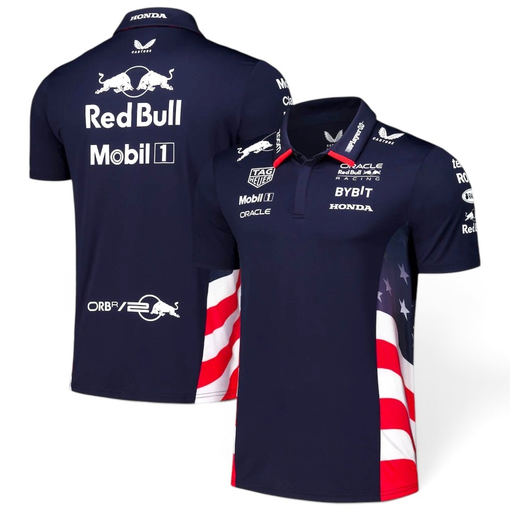 Red Bull Racing Castore America Race Team Polo Mens 2XL Navy USA Flag Miami NEW